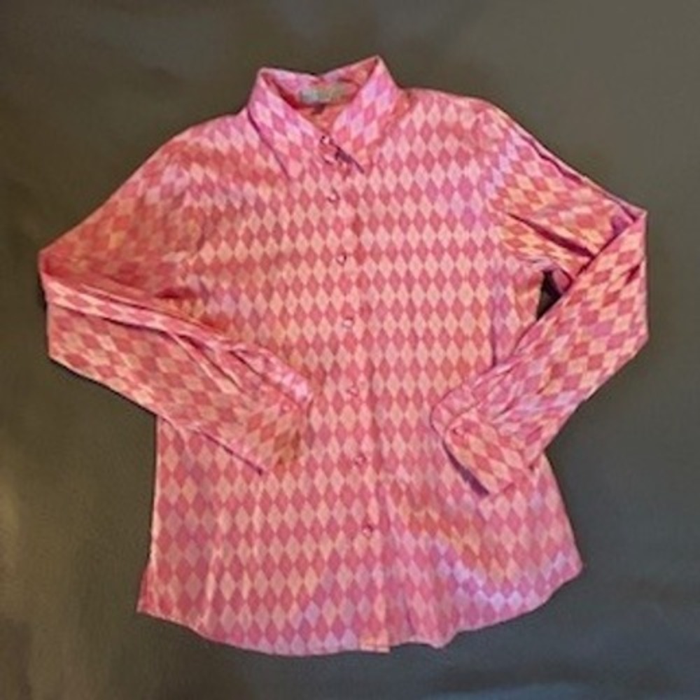 Wrinkle Free Shirt Pink Diamond‎ Argyle Button Down Womens Shaped Fit Top Size 6